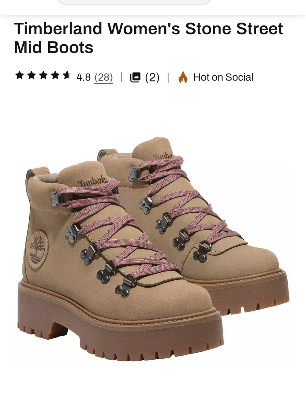 Timberland Women's Stone StreetBoots in Beige with Pink Laces 7 Great